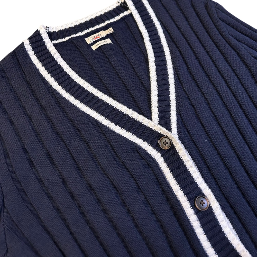 FAHERTY Game Set Ribbed Knit Cardigan Navy Sz Lg Cashmere Organic Cotton‎